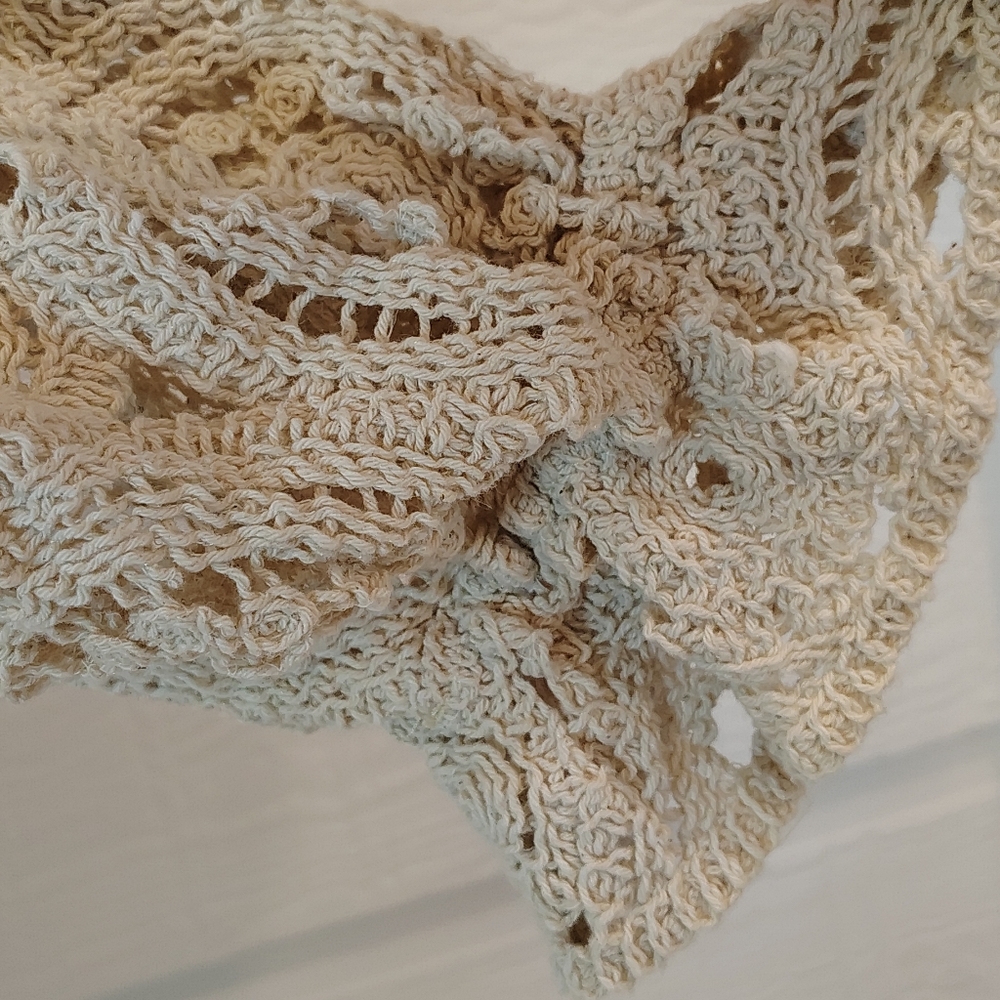 SOLITAIRE Top Womens L Beige Crochet Scalloped Edge Cottagecore Short Sleeves - Picture 3 of 7